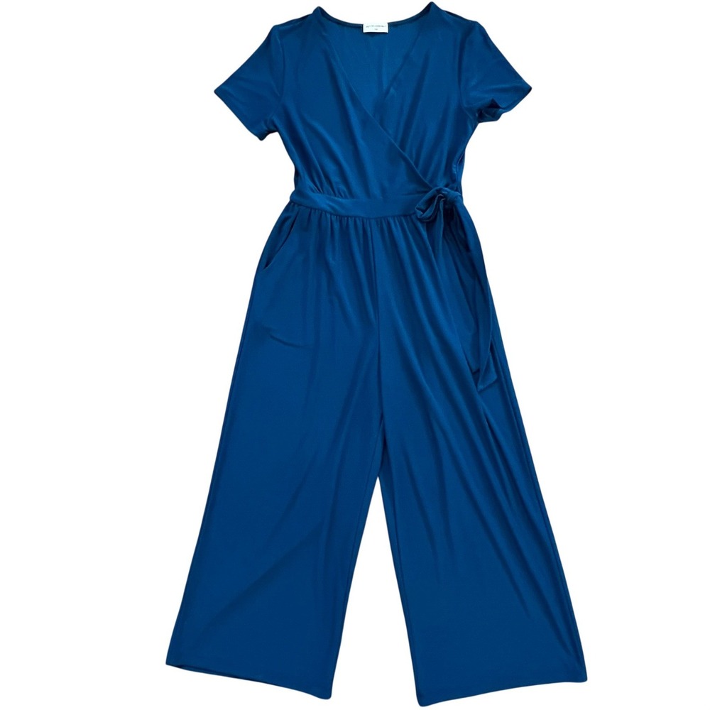Petite Assembly Jumpsuit Women XSP Teal Blue Wrap V-Neck Wide Leg Crop Tie-Waist